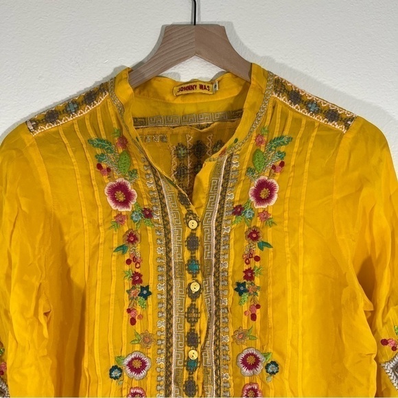 Johnny Was | Gold Embroidered Pintuck Blouse Small - Picture 3 of 8